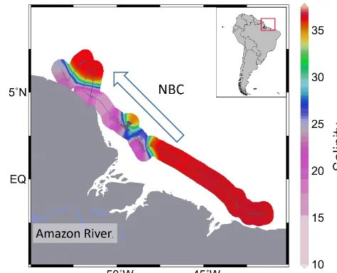 Figure 1. Map of the low-salinity plume of the Amazon Riveroutﬂow derived from the interpolation of on-board salinity mea-surements