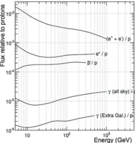 Figure 3. Cosmic ray flux as a function of energy relative to protons for several species.