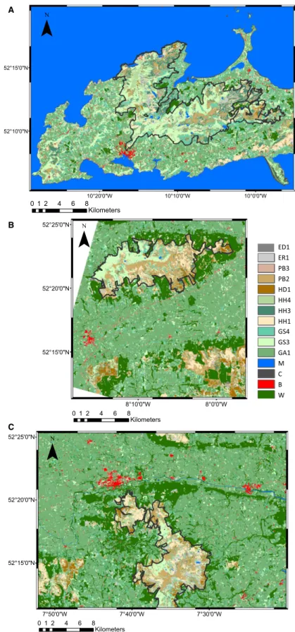 Figure 4. Maps derived from the optical and radar datasets (vii) for (A) Mount Brandon, (B) Galtee Mountains, and (C) Comeragh Mountain study areas