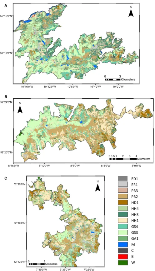 Figure 5. Maps of the upland areas of (A) Mount Brandon, (B) Galtee Mountains, and (C) Comeragh Mountain study areas