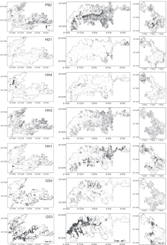 Figure 6. Prediction probabilities for the main classes of interest for the upland areas of Mount Brandon (left), Galtee Mountains (middle) and Comeragh Mountains (right)