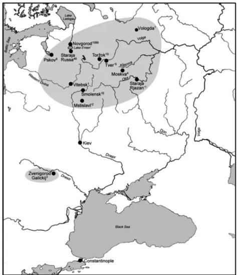Fig. 2 Geographical distribution of birchbark documents up to and including 2016
