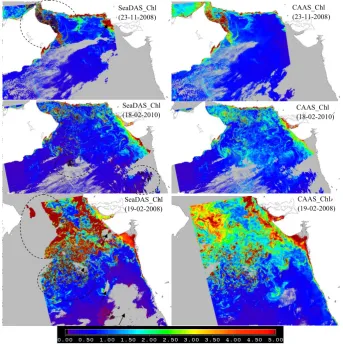 Fig. 10. Chlorophyll concentrations derived from the Aiken Case 2 bio-optical algorithm using MODIS-Aqua derived remote sensingreﬂectances from the SeaDAS and CAAS algorithms.1109 Fig