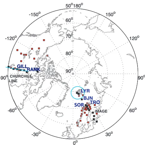 Fig. 2. Meridionally selected magnetometer stations of the IMAGEand CARISMA networks (black diamonds) that were used for thecalculations of 1-D equivalent currents are plotted on the map