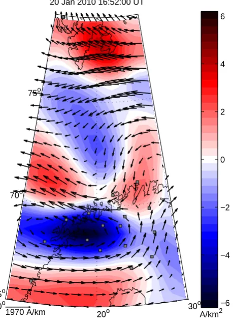 Fig. 7. Horizontal distribution of equivalent currents (black vectors)from the IMAGE magnetometer data during substorm 2