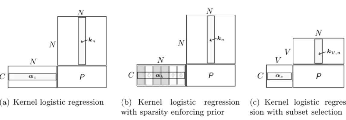 Figure 3.9: Schematic figure of the matrix multiplication conducted in the softmax function for different realizations of kernel logistic regression