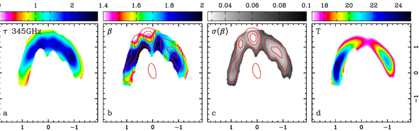 Figure 5. Optical depth maps derived from the ATCA/ALMA multifrequency data. The emissivity minimum at 11.5 hr indicates the presence of larger grains