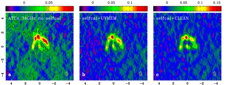 Figure 6. Comparison of the restored ATCA images and the impact of self-calibration. The wedges indicate speciﬁc intensity in mJy beam −1 