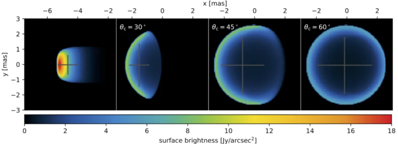 Fig.  2.  Model  images.  Leftmost  panel:  predicted  structured  jet  radio  surface  brightness  distribution