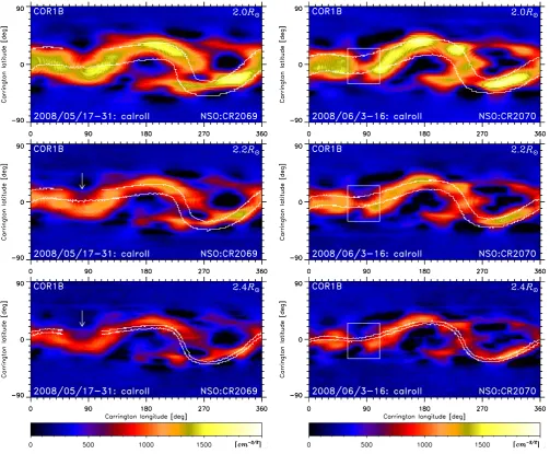 Fig. 1.Fig. 1. Spherical cross-section of the reconstructed electron density in square root scale at heliocentric distances 2.0, 2.2 and 2.4R⊙ (thedistances are shown in the right upper corners)