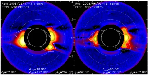 Fig. 3.Fig. 3. Difference in reconstructed electron density for the periods after the CME of June 1st, 2008 (CME1) and before