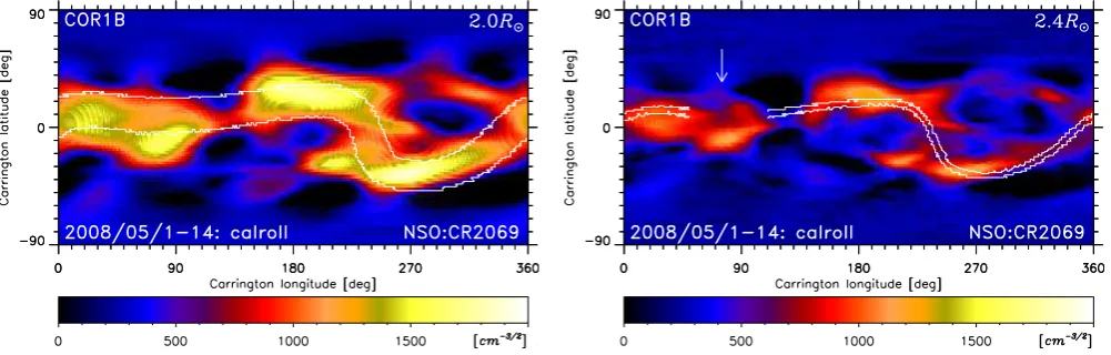 Fig. 4.Fig. 4. Spherical cross-section of the reconstructed electron density in square root scale at heliocentric distances 2.0 and 2.4R⊙ (the distancesare shown in the right upper corners)