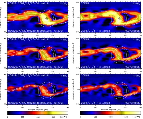 Fig. 5.Fig. 5. Spherical cross-section of reconstructed electron density in square root scale at heliocentric distances 2.0, 2.2 and 2.4R⊙ (thedistances are shown in the right upper corners)