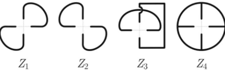 FIG. 2. The four different ways in which the incoming bonds at a vertex can be connected by the remaining configuration of the generalized loop model