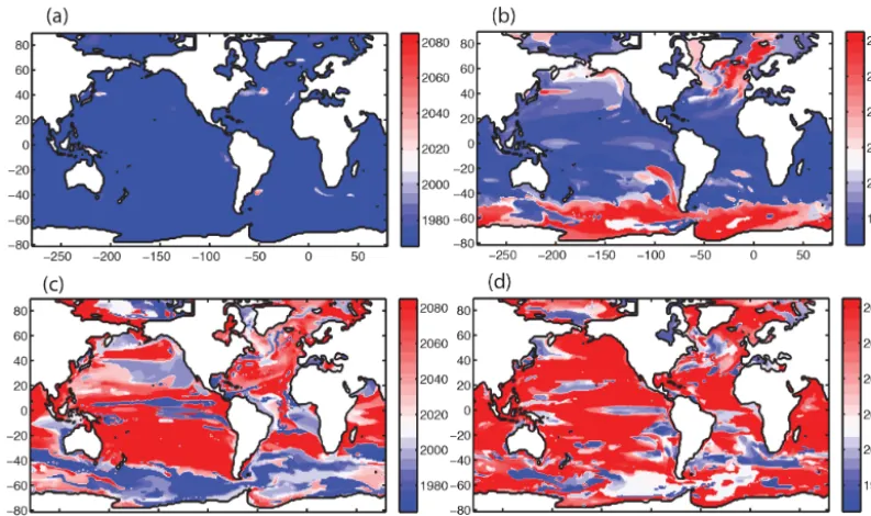 Figure 6. Time of emergence (ToE), calculated using a threshold of 1 standard deviation (67 % conﬁdence) for (a) �arag, (b) SST, (c)O2 inventories, and (d) NPP