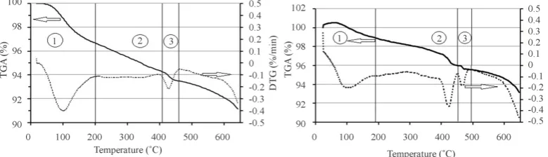 Figure 5. TGA /DTG profiles of specimens of concrete after 28 days of curing (left: C0, right: N1)