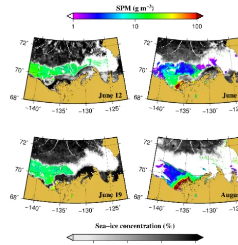 Figure 5. Typical SPM and sea-ice concentration (in grams per cu-bic meter and percent, respectively) maps obtained over the studyarea for selected days in June, July and August 2004