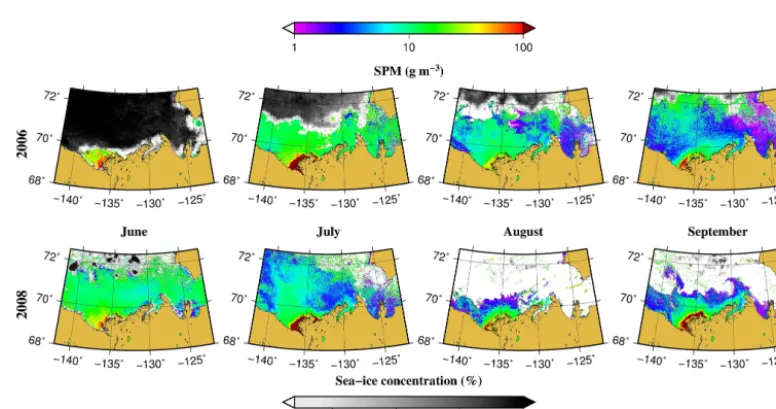 Figure 6. Monthly (June to September) composites of sea-ice and surface water SPM concentrations in 2003 and 2004.