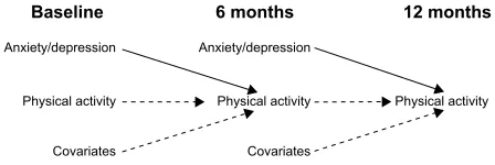 Figure 1 approach to assess the effect of anxiety and depression (exposures) at t and physical activity (outcome) at t+1 adjusting for covariates and physical activity at t.