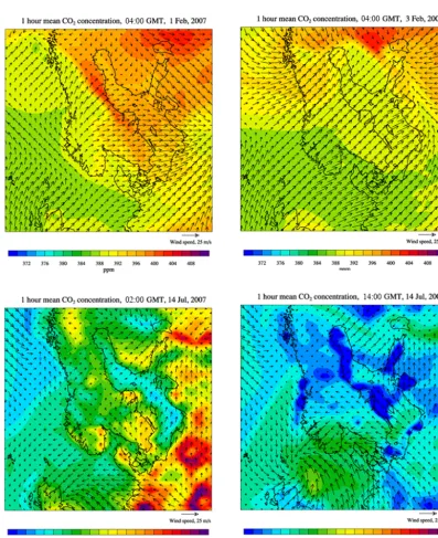 Figure 6. Examples of the simulated variability of atmospheric CODEHM with a 50 kmon 1 February, while marine air masses are dominating on 3 February