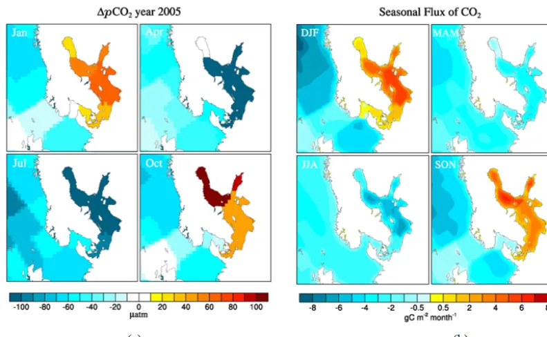 Figure 3. (a) �pCO2 for selected months during 2005. For the calculations of �pCO2, the combined surface map of the global pCOw2climatology by Takahashi et al
