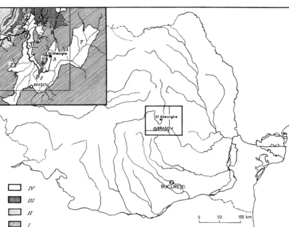 Fig. 1. Carte de la Depression de Brasov (d'apres E. JEKELIUS 1932). 1. Bassin de Birsa; 2