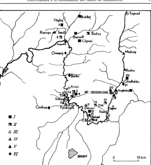 Fig. 2.  C a r t e des points fossiliferes des Bassins  d e Baraolt et Sfintu-Gheorghe