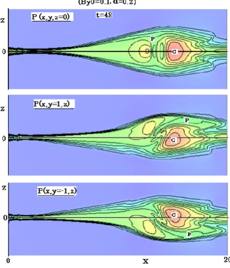 Fig. 14. Distributions of the plasma pressure P (contour interval of0.15) and Bz (contour interval of 0.1) in the cross section at x = 14.4at t = 48 for the case of By0 = 0.1 and α = 0.2, where the regions Pand C are indicated.