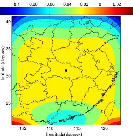Fig. 4. The data are obtained by assuming that the lightningsource locations are deﬁned on a grid with (113◦ E, 31◦ N) asits center and a grid resolution of 0.2◦ and assuming a light-