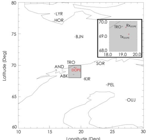 Fig. 1. The locations of the ground based instrumentation used dur-ing this study. The red crosses represent the locations of the DOPE(Doppler Pulsation Experiment) sounder and the black crosses rep-resent the locations of the ten IMAGE magnetometer statio