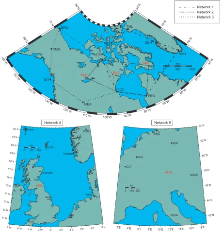 Fig. 1. Geographical arrangement of the ﬁve networks of magnetic observatories used in this study