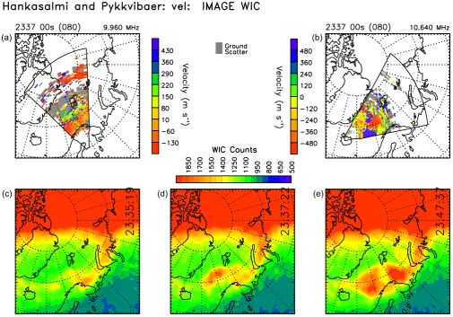 Fig. 2. Fields-of-view and data coverage from Channel A of the SuperDARN radars at (a) Hankasalmi, Finland and (b) Þykkvibær, Icelandin magnetic latitude-magnetic local time coordinates during substorm onset at 23:37 UT