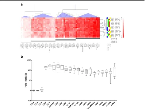 Fig. 1 Common MSC marker identification.expression (no expression: cluster 1; low expression: cluster 2; intermediate expression: cluster 3; strong expression: cluster 4), with clusters identifiedwith different shades of gray; CB-MSC samples are shown in b