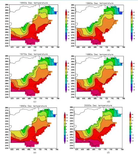 Figure 2. (a)-(f): The spatial distribution of average temperatures of December their shift in various decades in Pakistan over the decades of 1950s to 2000s
