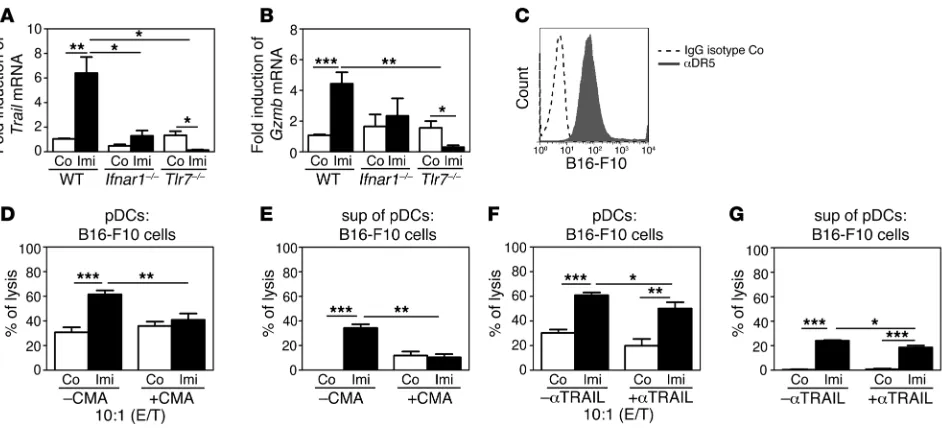 Figure 7pDCs kill tumor cells via TRAIL and granzyme B. (A and B) qRT-PCR analysis for (A) Trail and (B) granzyme B (Gzmb) expression in IMag-