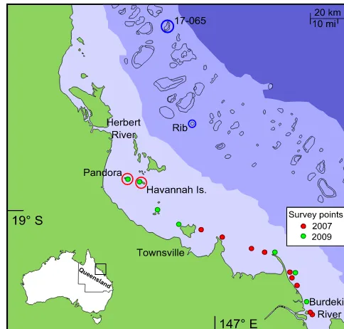 Figure 1. Map of the central area of the GBR showing locationsof water sample and coral core collection sites: Pandora Reef andHavannah Island in the inner shelf, Rib Reef and 17-065 Reef in themid-shelf region, and water sample collection sites during the ﬂoodevents of 2007 and 2009.