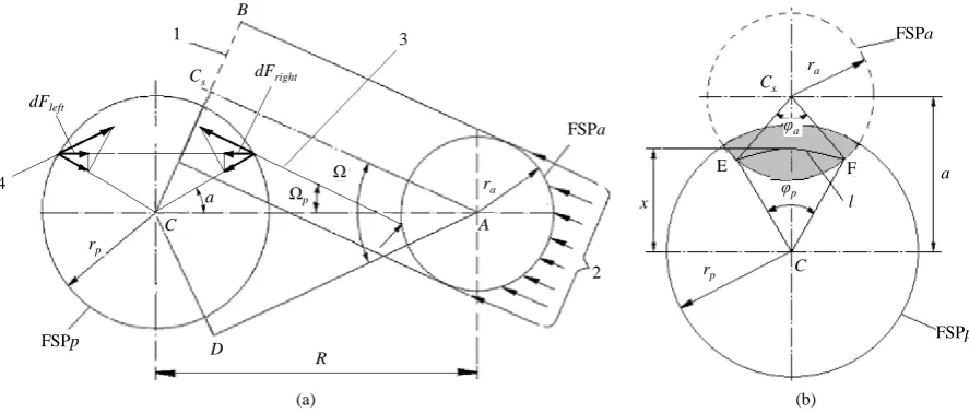 Figure 2. (a) Scheme for calculation of the shadow-gravity force acting on the FSPp from the action of elastic collision