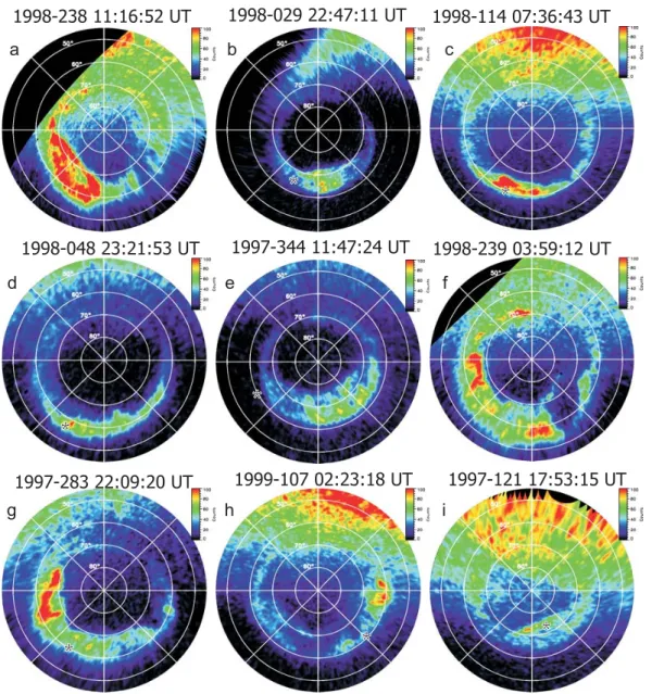 Fig. 3. Examples of auroral events during magnetic storm main phase development. All the images have the same color scale, 0 to 100