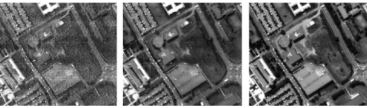 Fig. 2. ROSIS dataset: Detail of band 1of the original image(left) and the reconstructed images using 4 components from the PCA (center) and NLPCA (right) approaches, respectively.