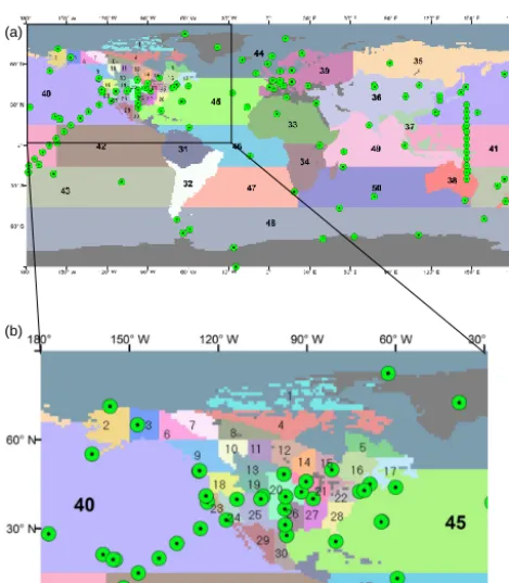 Figure 1. (a) A nested inversion system with 30 regions for NorthAmerica and 20 regions for the remainder of the globe
