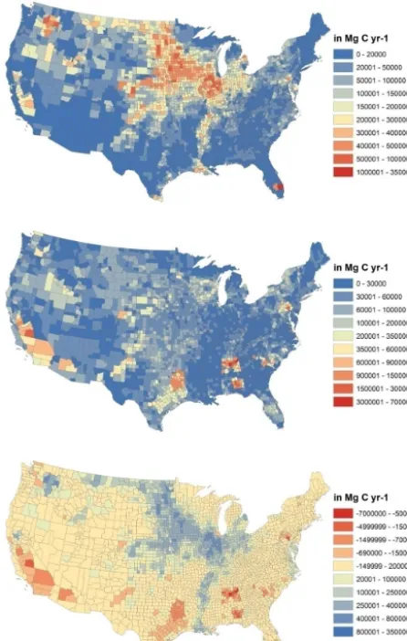 Figure 2. Spatial distributions of annual crop production (top); cropconsumption (middle); and crop NEP (bottom) for 2003