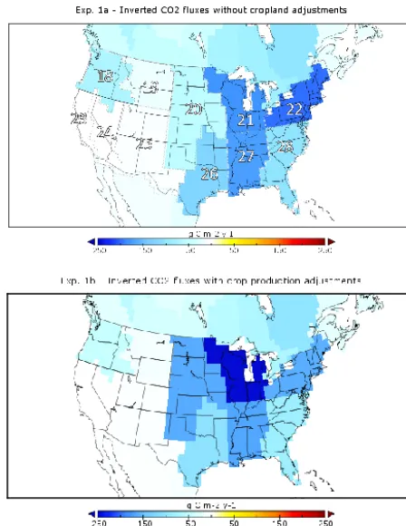 Figure 3. Map of mean annual inverted CO2 ﬂux for experiment 1during 2002 to 2007 over contiguous US regions