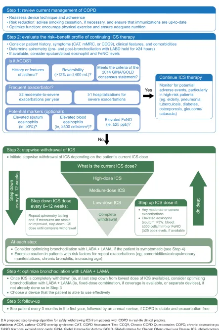Figure 2 A proposed step-by-step algorithm for safely withdrawing ICs from patients with COPD in real-life clinical practice.Abbreviations: ACOs, asthma–COPD overlap syndrome; CAt, COPD Assessment test; CCQ9, Chronic COPD Questionnaire; COPD, chronic obstructive pulmonary disease; FeNO, fractional exhaled nitric oxide; GINA, Global Initiative for Asthma; GOLD, Global Initiative for Chronic Obstructive Lung Disease; ICs, inhaled corticosteroids; LABA, long-acting β2-agonist; LABD, long-acting bronchodilator; LAMA, long-acting muscarinic antagonist; mMRC, modified Medical Research Council Dyspnea Scale; ppb, parts per billion.
