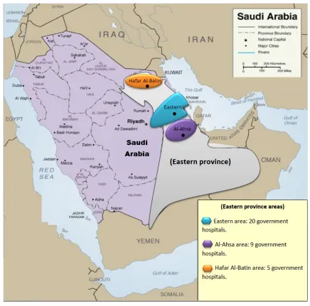 Figure 1 The main areas in the eastern province in saudi arabia.Notes: eastern province is divided in to three main areas: 1) eastern area (Blue area), 2) al-ahsa area (Purple area), 3) hafar al-Batin area (Orange area).