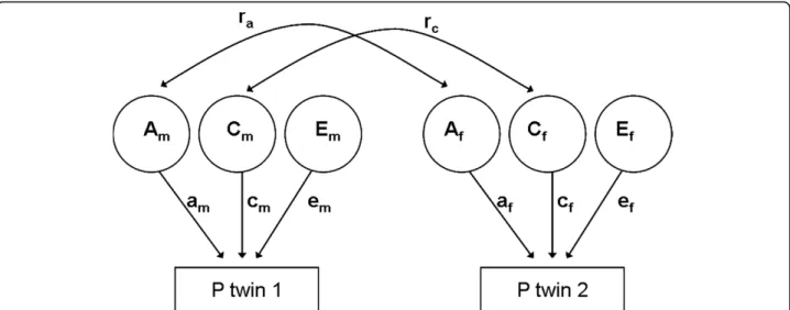 Figure 1 Basic path diagram for an opposite sexed twin pair. A m , C m , E m , A f , C f , and E f are the genetic, shared and non-shared environmental variance components for men and women, respectively