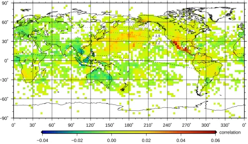 Fig. 5. Correlation between whistler observations at Dunedin, New Zealand, and global lightning strokes for �t = 1min