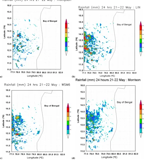 Fig. 8. Accumulated 24 h rainfall at 00:00 UTC on 22 May 2008 simulated by the model with four different MP schemes (a) Thompson,(b) Lin, (c) WSM6, and (d) Morrison.