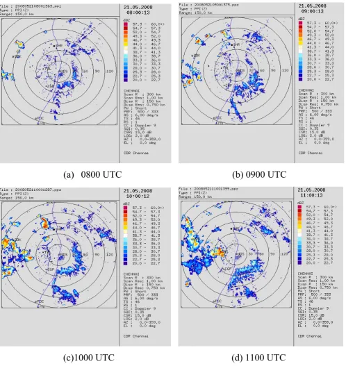 Fig. 2. 10:00 UTC, andc)1000 UTC        Spatial distribution of maximum reﬂectivity observed by the DWR at Chennai at   (a) 08:00 UTC,(d) 1100 UTC  (b) 09:00 UTC, (c)( (d) 11:00 UTC