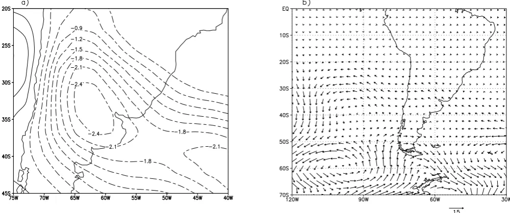 Figure 11: Surface temperature anomalies (ºC) (a) and wind vector anomaly (ms-1) at 850 hPa (b), on day 14 of integration, corresponding to the mean winter basic state experiment with the forcing at Fig