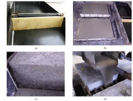 Figure 2. Process for the steel fiber exposure at the connection interface. (a) Application of curing retardant using a sponge attached to the connection; (b) First placing; (c) Steel fiber exposure by high-pressure water jet after stripping; (d) Second pl